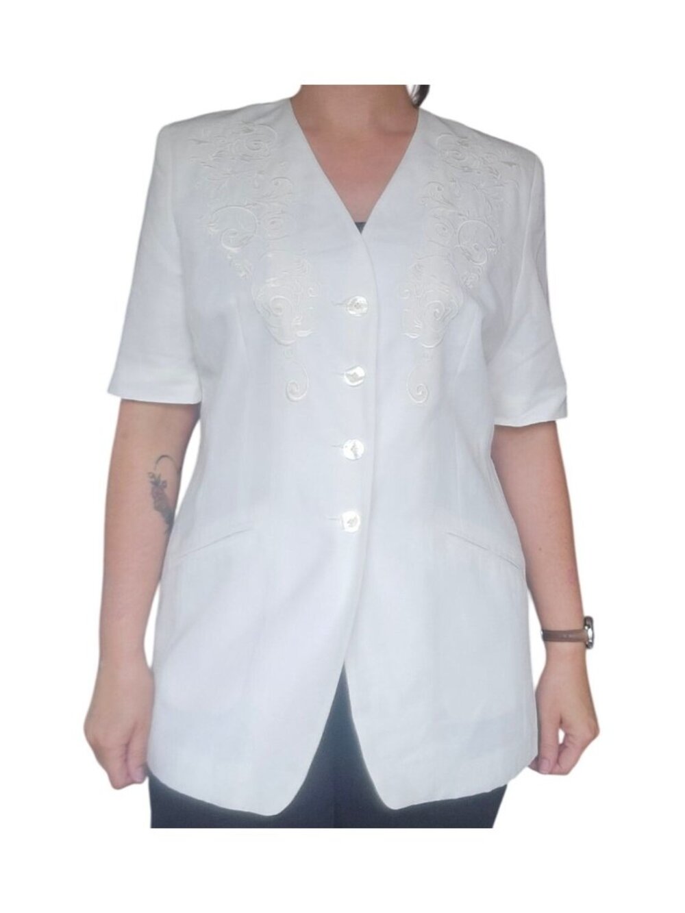 Vintage 80s City Life White Embroidered Button Down Blazer Estimated Size Large